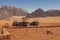 Bedouin`s car jeeps and tourists, Wadi Rum desert in Jordan, Middle East