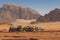 Bedouin`s car jeeps and tourists, Wadi Rum desert in Jordan, Middle East