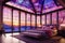 a bedroom adorned with expansive blown stained glass walls