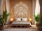 bedroom in arabic interior design style with mashrabiya behind the bed, AI Generative