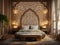 bedroom in arabic interior design style with mashrabiya behind the bed, AI Generative