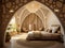 bedroom in arabic interior design style with mashrabiya behind the bed, AI Generative