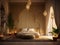 bedroom in arabic interior design style with mashrabiya behind the bed, AI Generative