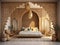 bedroom in arabic interior design style with mashrabiya behind the bed, AI Generative