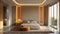 A bedroom with a bed, nightstands and lamps in it, AI