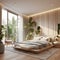 a bedroom with a bed and a plant in the corner Scandinavian interior Master Bedroom with Beige color