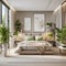 a bedroom with a bed, plants and a large window Farmhouse interior Master Bedroom with Beige color