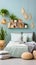 a bedroom with blue walls and a bed Bohemian interior Master Bedroom with Light Blue color theme