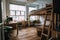 A bedroom with a bunk bed and a desk. AI generative image. Cozy loft with wooden stairs.