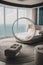 A bedroom with a circular bed and a view of the ocean. Generative AI image.