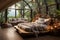 Bedroom exuding rustic elegance, bed frame is made from reclaimed wood