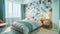 The bedroom features a statement wall covered in patterned tiles in shades of mint green baby blue and soft pink. The