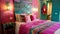 A bedroom features a unique headboard made of recycled metal ss painted in bright hues like pink purple and green. The