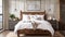 The bedroom features a weathered wooden bed frame with intricate carvings paired with crisp white bedding and a set of