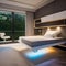A bedroom featuring a high-tech sleep pod with integrated biofeedback systems for optimal rest1