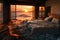 A bedroom flooded with water, with a sunset in the background