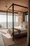 A bedroom with a four poster bed and a view of the ocean. Generative AI image.