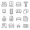 Bedroom furniture icon illustration vector set. Contains such icon as Bed, Mattress, Blanket, Carpet, Dressing table, clothes line