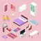 Bedroom furniture isometric. Vector bed, pillows, cabinet, wardrobe, chair, carpet, lamp, bookshelf