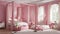 Bedroom for a girl in pastel pink. Four poster bed. Modern interior design