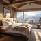 The bedroom has large window frames overlooking the Alpine winter mountains. Eco lodge house