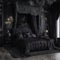 The bedroom interior boasts a captivating black theme, highlighted by a resplendent royal designer bed, exquisite vintage-style