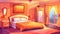 The bedroom interior cartoon modern illustration depicts a comfy bed, wardrobe, mirror, and nightstand with lamp, cozy