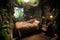 bedroom interior with fantastic plants and jungle inside. Travel dreams. Generative AI