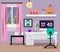 Bedroom Interior flat design. Room in pink colors with window, computer, desk, chair, lamp. Modern illustration