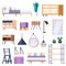 Bedroom interior isolated icons. Vector flat illustration. Cozy scandinavian loft apartment and home furniture