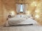 Bedroom interior in a log on the attic floor with a roof window.