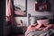 Bedroom interior with pink bedding, pillows and a lamp. AI Generative