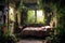bedroom interior with plants and home garden inside. Dreams and imagination about fairy tales travel. Generative AI