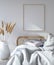 Bedroom interior with poster mockup, Scandinavian style