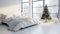 Bedroom interior in white tones with a Christmas tree in winter outside the window. Generative AI