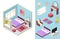 Bedroom isometric. Vector bed, lamp, chair, bookshelf, pillows. Isometric furniture set