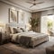 a bedroom with a large bed and a ceiling fan Farmhouse interior Master Bedroom with Beige color