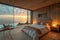 A bedroom with a large bed and a chair by the window overlooking the ocean