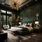 a bedroom with a large bed and a green wall Hollywood Glam interior Master Bedroom with Forest Green