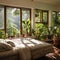 bedroom with large windows overlooking the green jungle. The beds have a bamboo frame and are equipped with bed linen. Natural