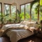 bedroom with large windows overlooking the green jungle. The beds have a bamboo frame and are equipped with bed linen. Natural