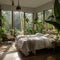 bedroom with large windows overlooking the green jungle. The beds have a bamboo frame and are equipped with bed linen. Natural