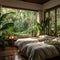 bedroom with large windows overlooking the green jungle. The beds have a bamboo frame and are equipped with bed linen. Natural