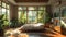 A bedroom with large windows, wooden floors and lots of plants, creating an atmosphere that is warm and inviting