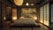 A bedroom with a low platform bed paper lanterns for lighting and a wall adorned with a traditional Japanese mural. .