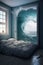 Bedroom melting into the ocean. In the world of dreams. Art illustration