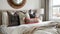 In the bedroom a modern platform bed is layered with a variety of throw blankets and pillows in different textures and