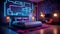 A bedroom with neon lights outlining geometric patterns on the walls, producing an abstract and artistic vibe