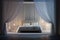 Bedroom oasis with positioned above a plush, inviting bed. AI Generated