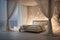 Bedroom oasis with positioned above a plush, inviting bed. AI Generated